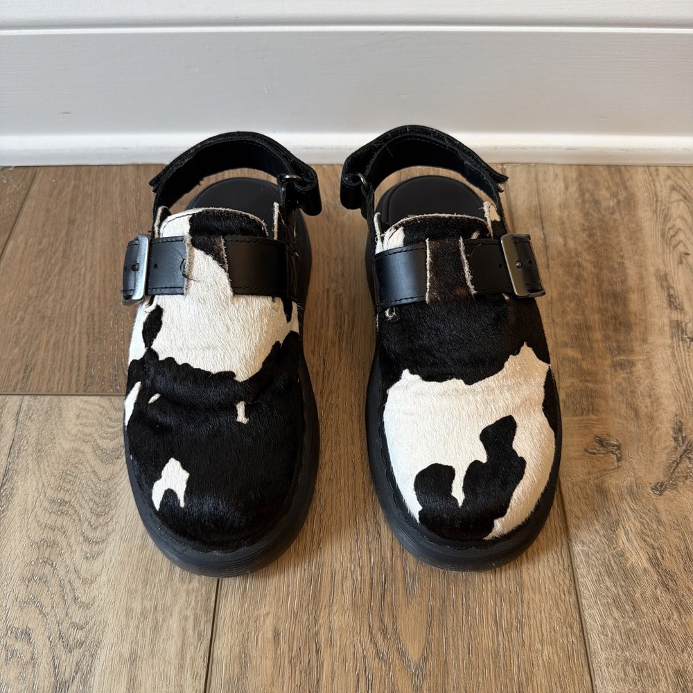 Dr. Martens Jorge II Mule Women 6 Black White Cow Print Hair-on Leather Good